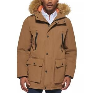 Club Room Men's Tan Woven Water-Resistant Faux Fur-Hood Winter Parka Size S